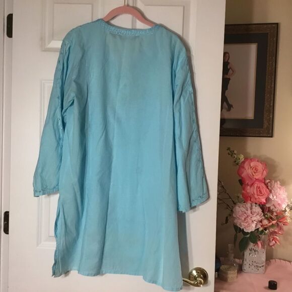 Double Decker Women’s Size Plus Light Turquoise Tunic Top with Embroidery Detail - Picture 5 of 11